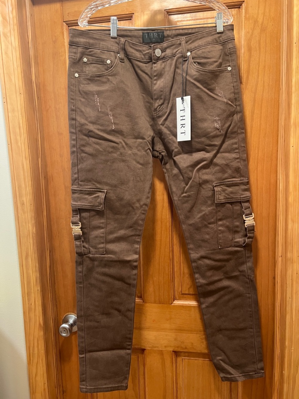 Men's Dark Brown Cargo Pants with Buckle Detail